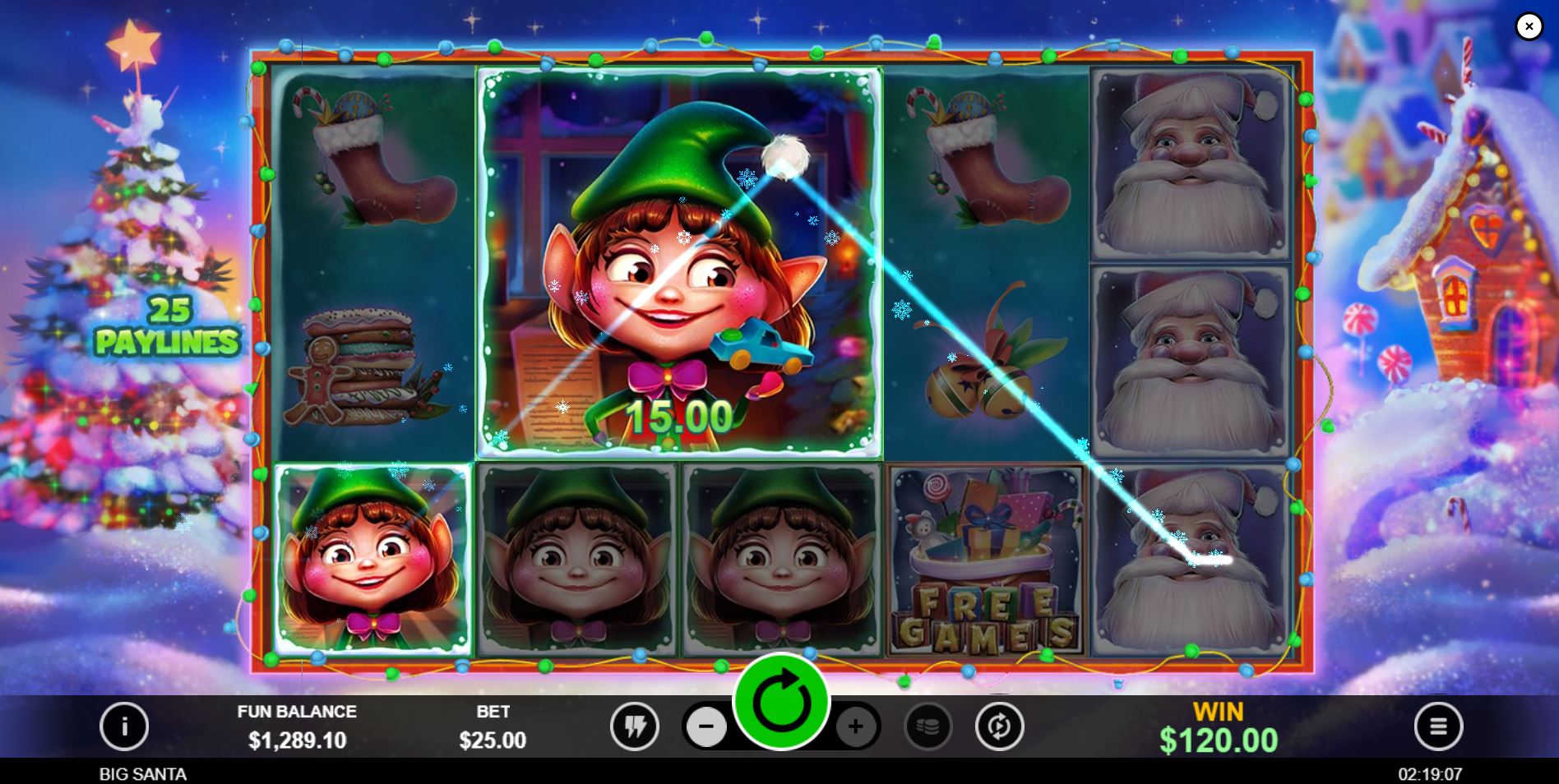 A large 2x2 Elf symbol covering the central reels in the Big Santa slot, demonstrating the Oversized Symbol feature.