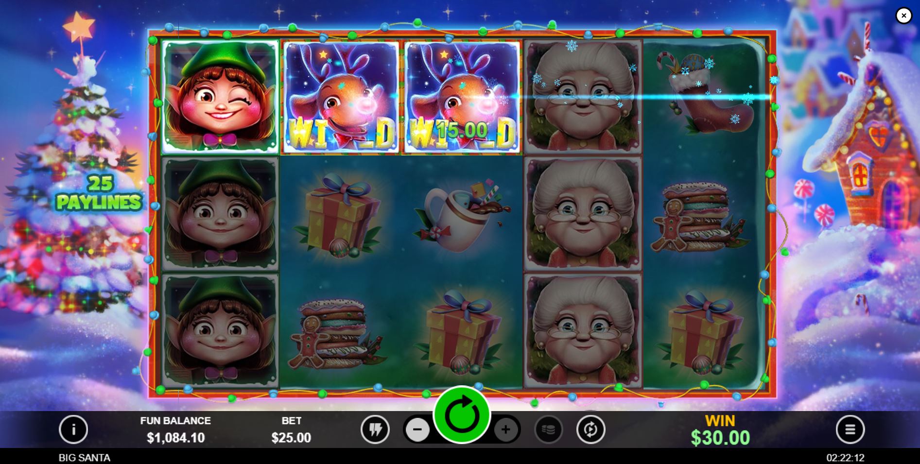 Rudolph the reindeer acting as a Wild symbol in a winning combination on the Big Santa online slot.