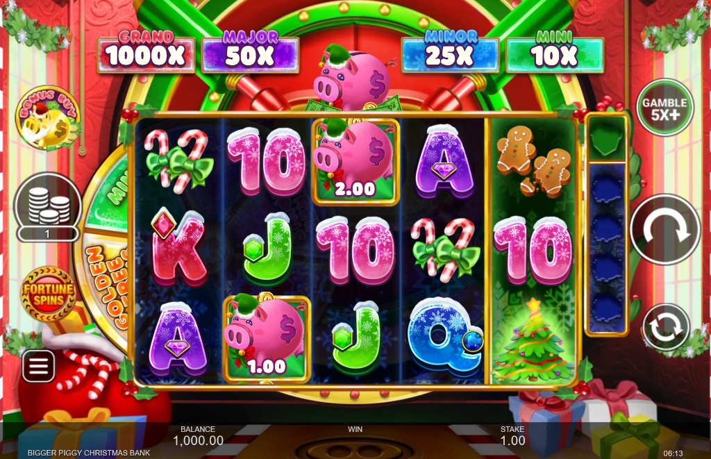 The main 5x4 game grid of the Bigger Piggy Christmas Bank slot, showing festive symbols and the four jackpots above.