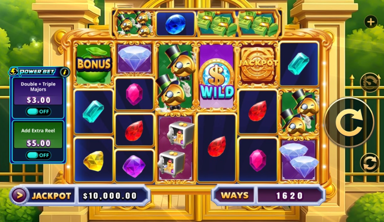 The main game grid of Billionaire's Bank DeluxeWays, showing the 7 reels and banker character.