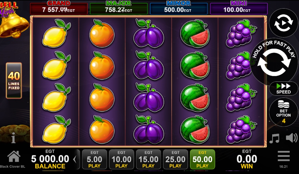 Black Clover BL slot base game view showing the 5x4 reel layout with fruit symbols and the four jackpots displayed on top.