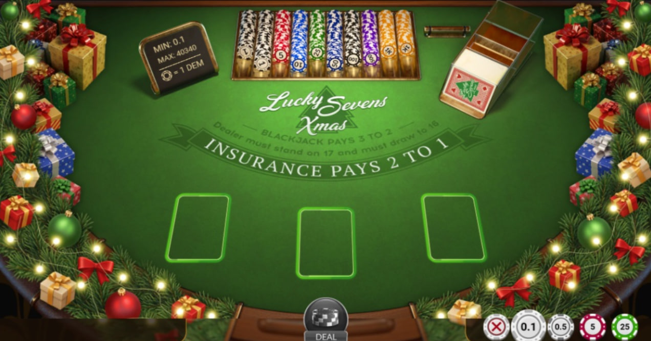 The main game table in the BlackJack Lucky 7s Xmas demo, showing three betting spots and Christmas decorations.