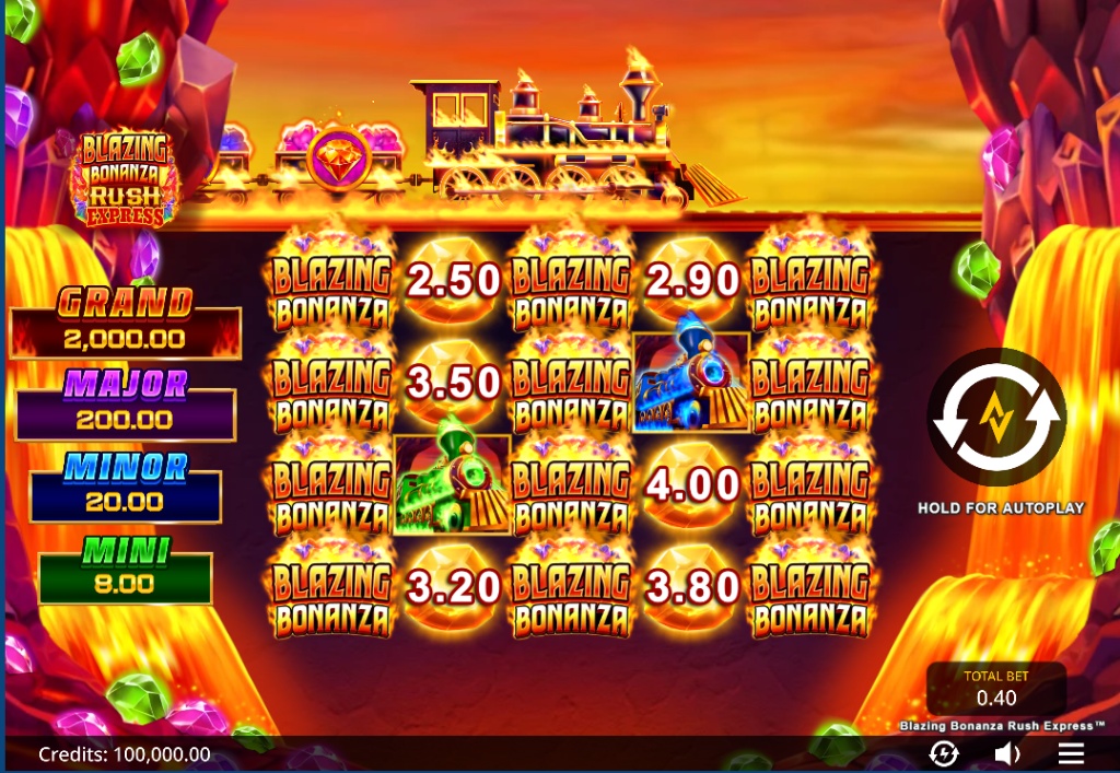Blazing Bonanza Rush Express slot base game interface by AreaVegas featuring a 5x4 grid with gold bars and train symbols.