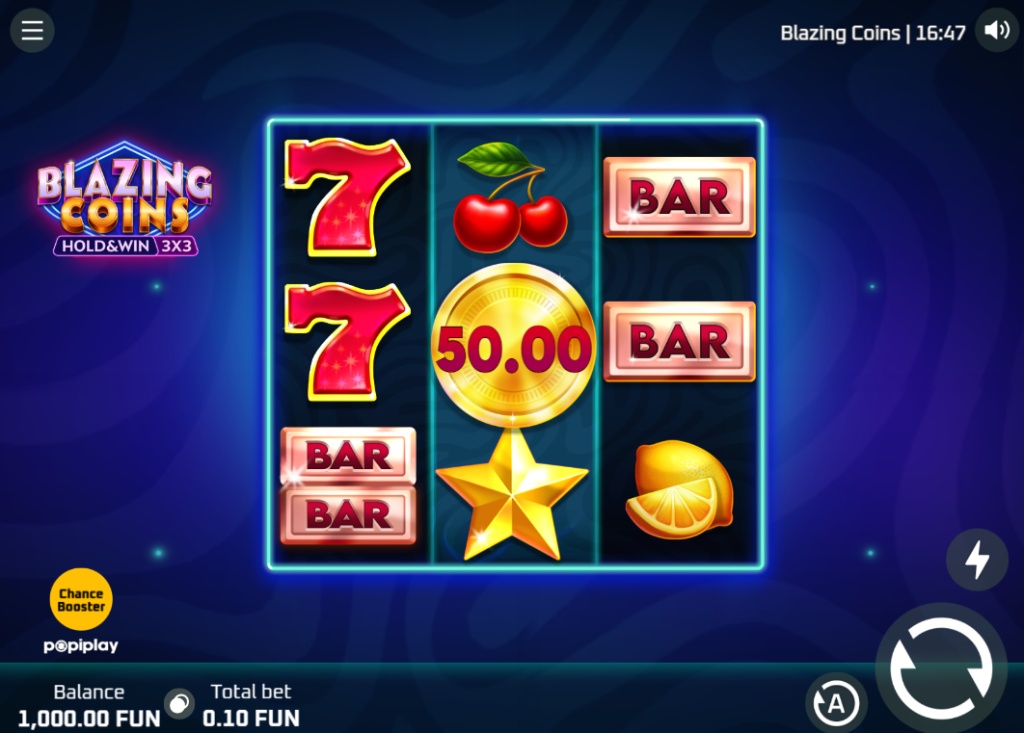 The 3x3 base game grid of the Blazing Coins slot, showing classic symbols and the central reel.