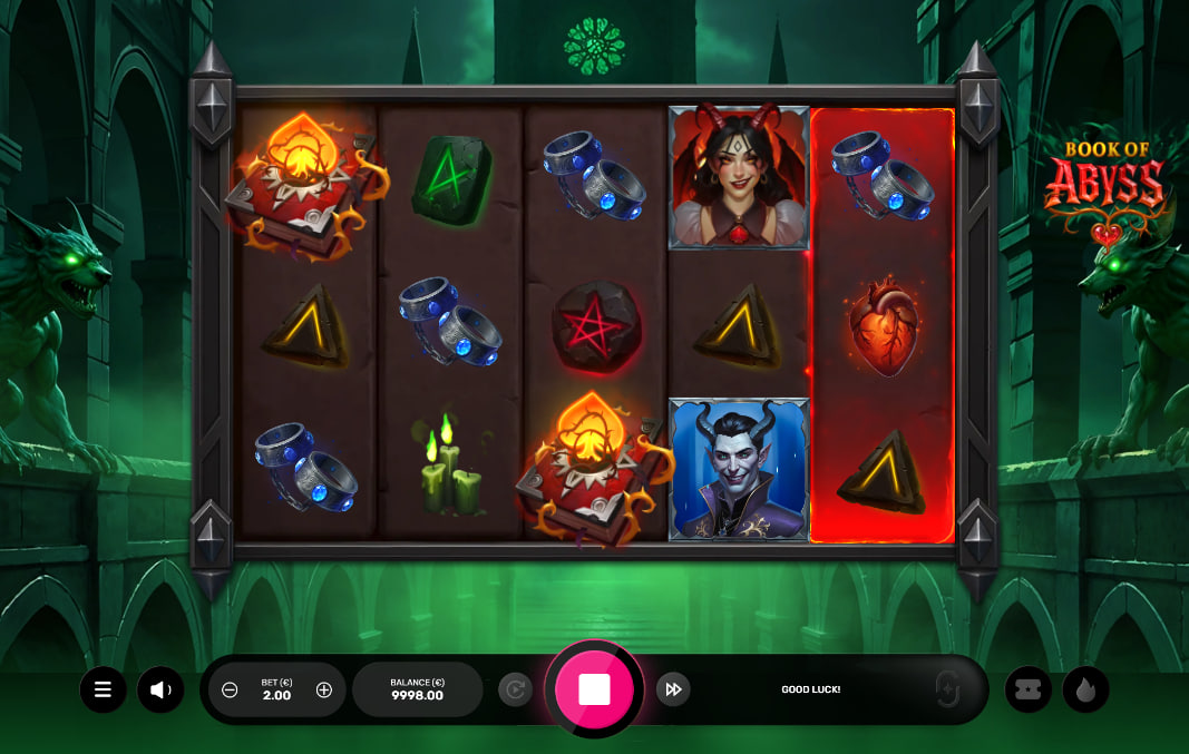 Book of Abyss slot base game interface featuring a 5x3 grid with gothic horror symbols, green fog background, and control panel.
