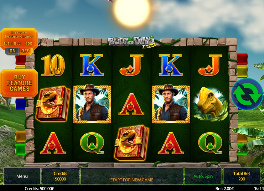 The 5x3 reel layout of the Book of Dino Deluxe slot, showing the dinosaur and explorer symbols.