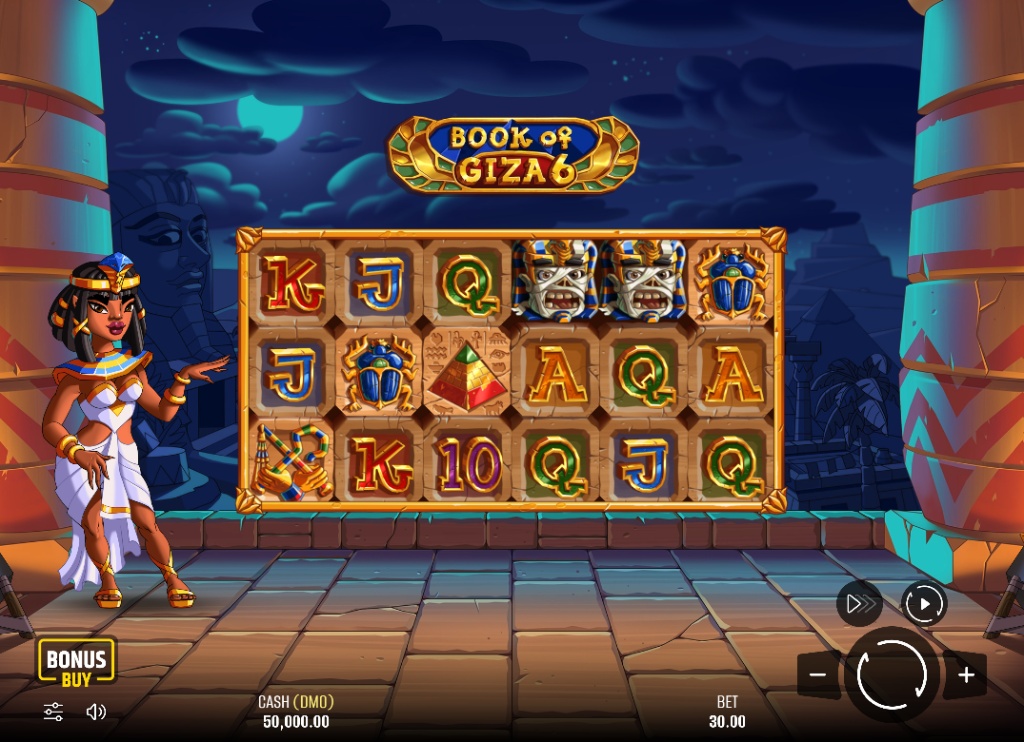 Main 6x3 game grid of Book of Giza 6 slot showing Cleopatra and the reels.
