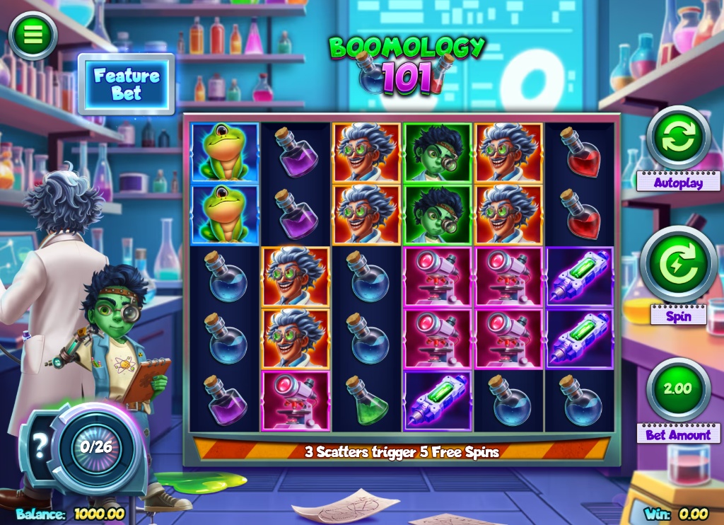 The 6x5 main game grid of the Boomology 101 slot, showing Doc and the Pay Anywhere symbols.