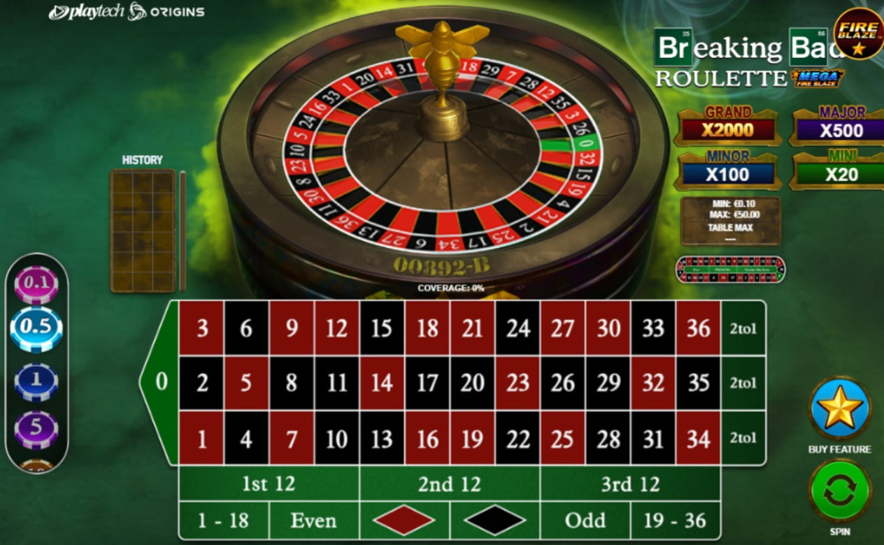 Main betting table and 3D wheel of Mega Fire Blaze Breaking Bad Roulette