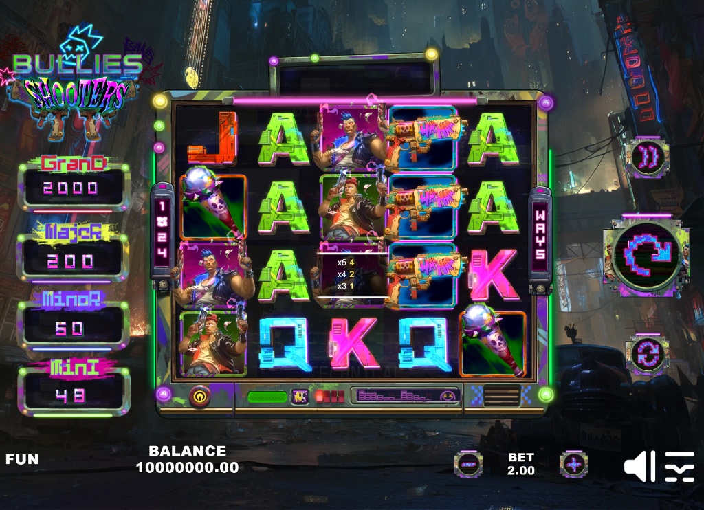 Bullies Shooters slot base game interface showing 5x4 neon grid, punk characters, and 1024 ways to win indicators.