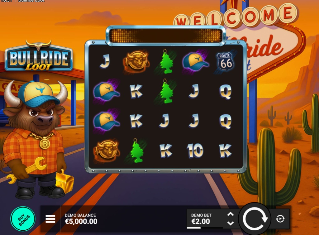 The main 5x4 game grid of the Bullride Loot slot demo, showing the bull character and desert highway theme.