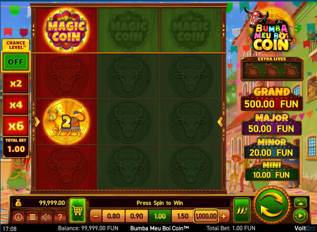 Bumba Meu Boi Coin slot base game interface featuring the large central drum reel and top mini reels with Chance Level options visible on the left.