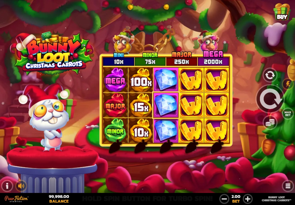 Base game screen of Bunny Loot: Christmas Carrots slot showing the 5x4 reel layout, jackpot meters, and the Bunny character.