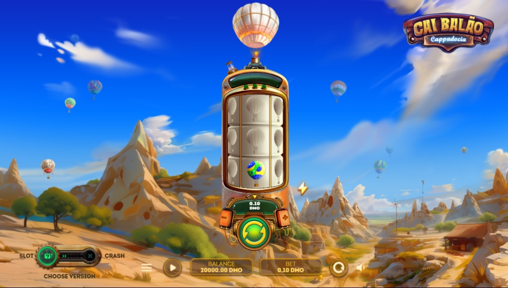 Cai Balão Cappadocia slot demo base game view with 3 reels and Cappadocia background.
