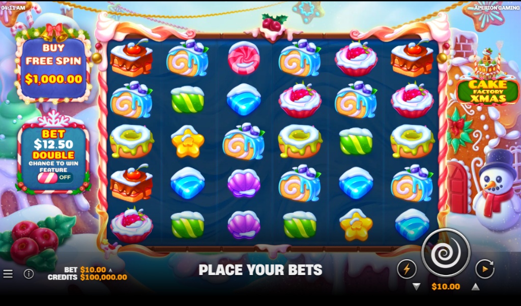 The main 6x5 game grid of Cake Factory Xmas, showing the festive candy and cake symbols.