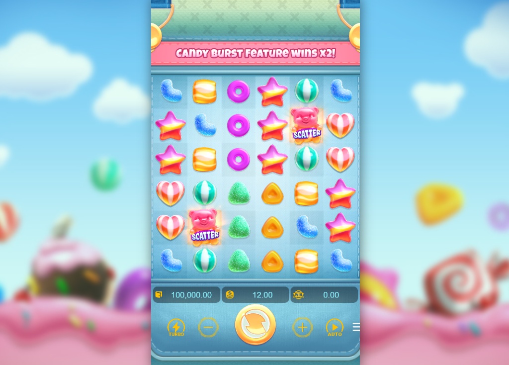 Candy Burst slot base game interface showing 6x6 grid with jelly beans and gummy bears.