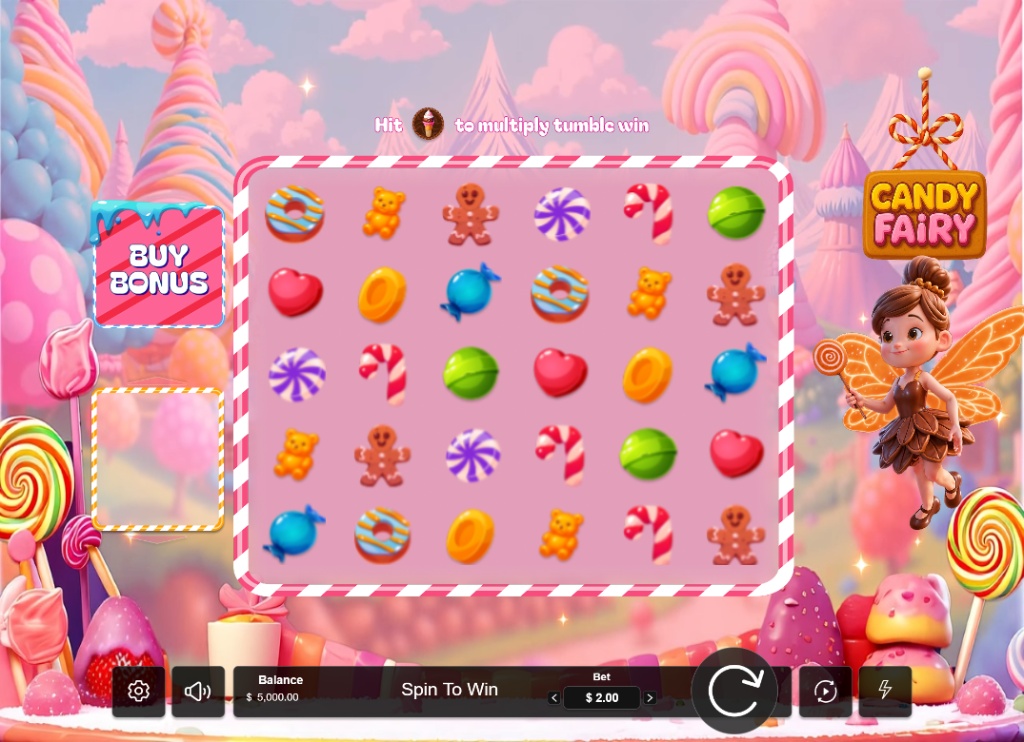 The 6x5 game grid of the Candy Fairy slot demo, set in a vibrant candy land theme.