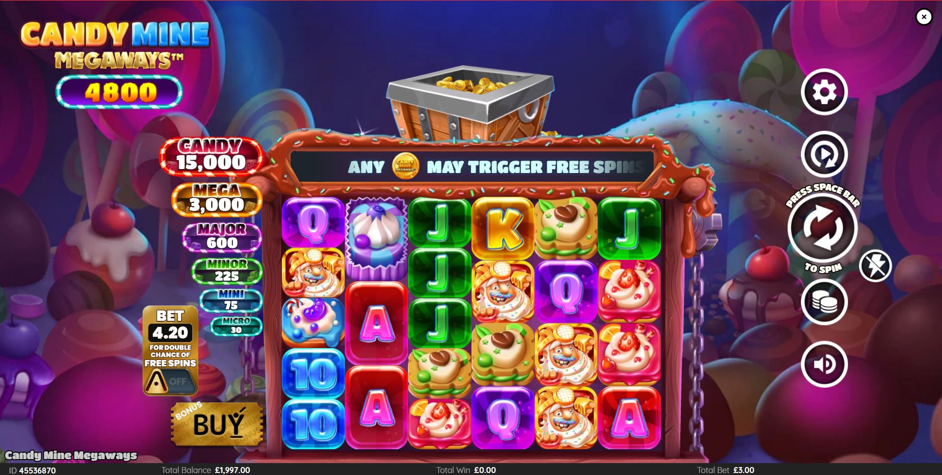 The main game screen of Candy Mine Megaways, showing the 6-reel setup and sugary theme.