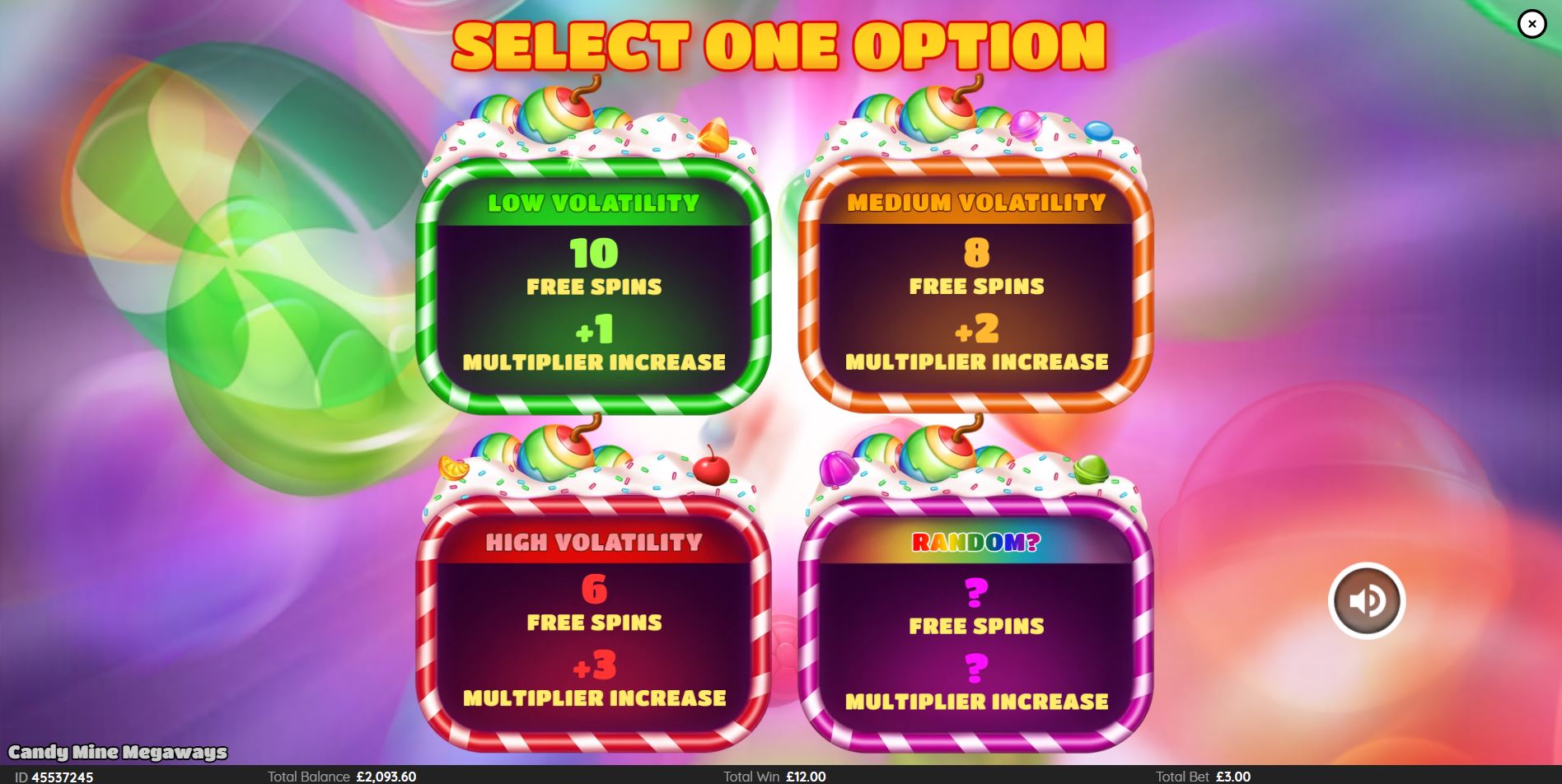 The choice screen for the Free Spins bonus in Candy Mine Megaways, showing the four volatility modes.