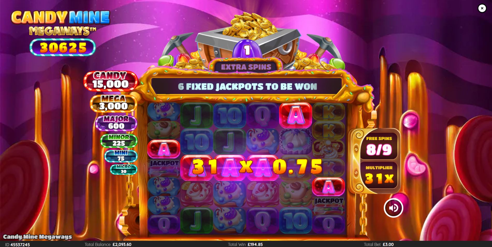 A big win event during the Free Spins round in Candy Mine, highlighting the large win multiplier.