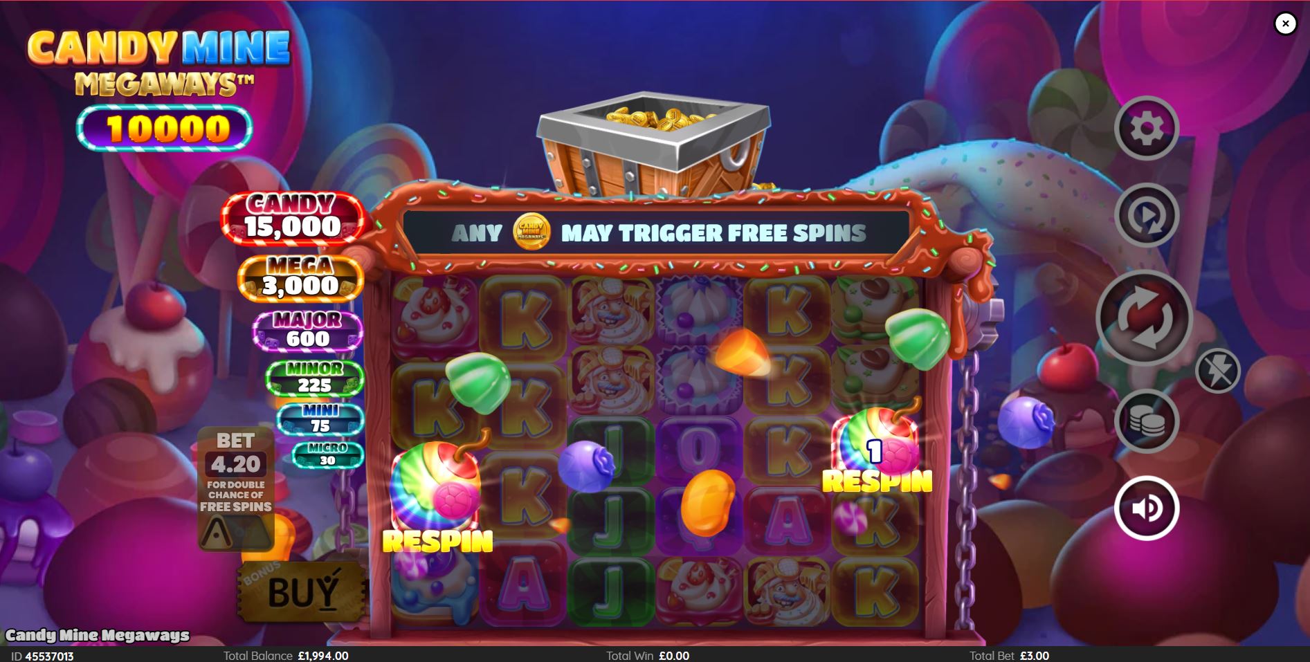 Activating the Respin Bonus feature in the Candy Mine Megaways slot with two scatters visible.