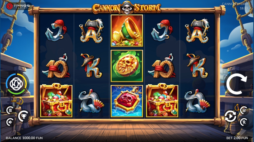 The 5x4 main game reels of the Cannon Storm slot, showing pirate-themed symbols on a ship's deck.