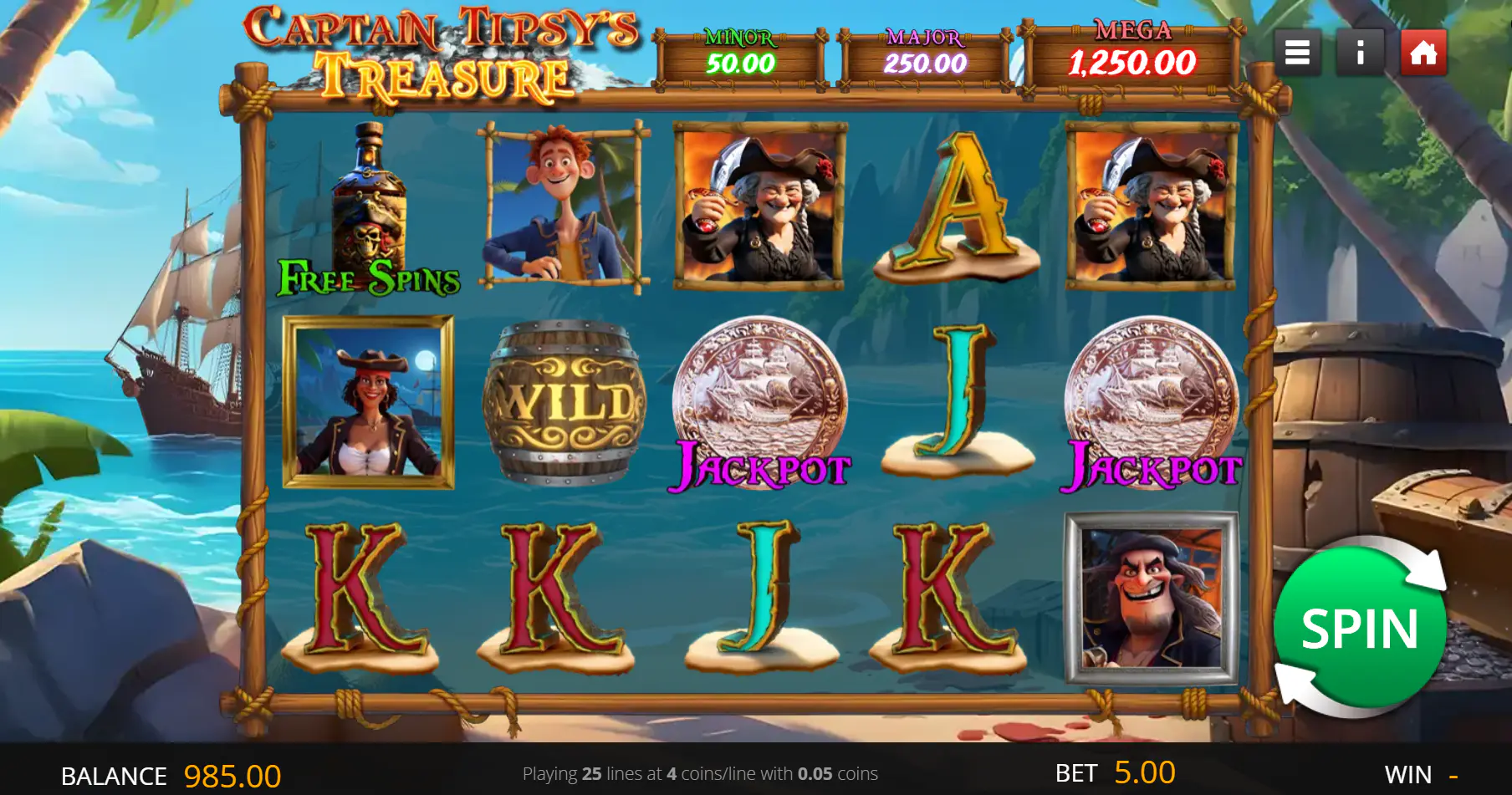 Captain Tipsys Treasure base game screen with 5x3 reels and 25 paylines