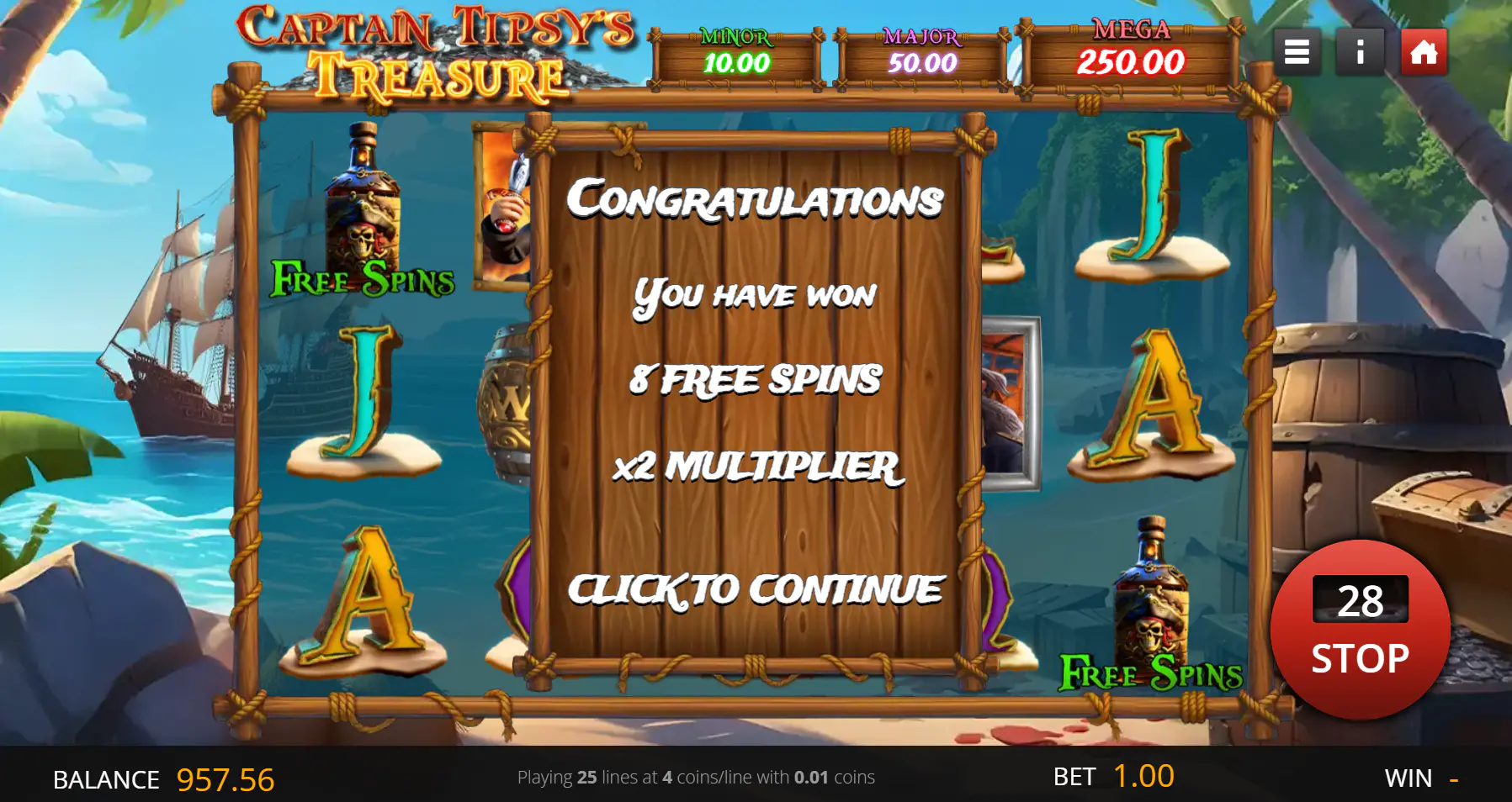 Captain Tipsys Treasure screen showing 8 free spins with a 2x multiplier awarded