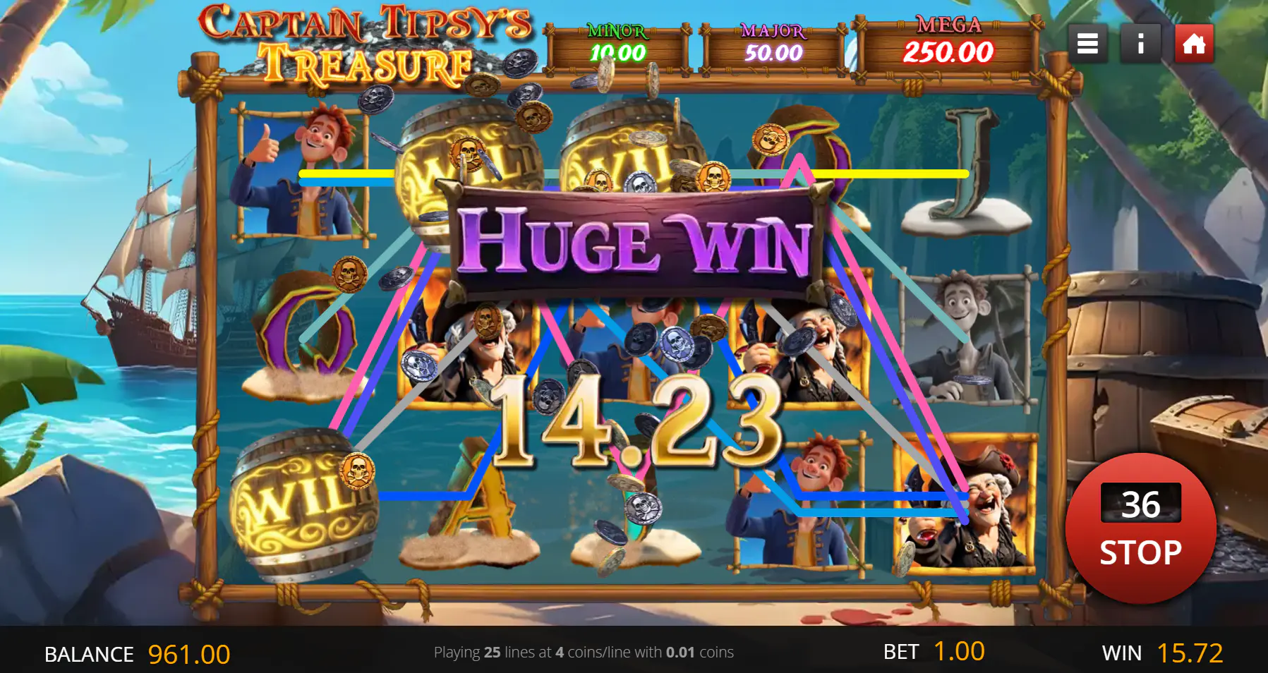 Captain Tipsys Treasure huge win screen showing a 15.72 payout
