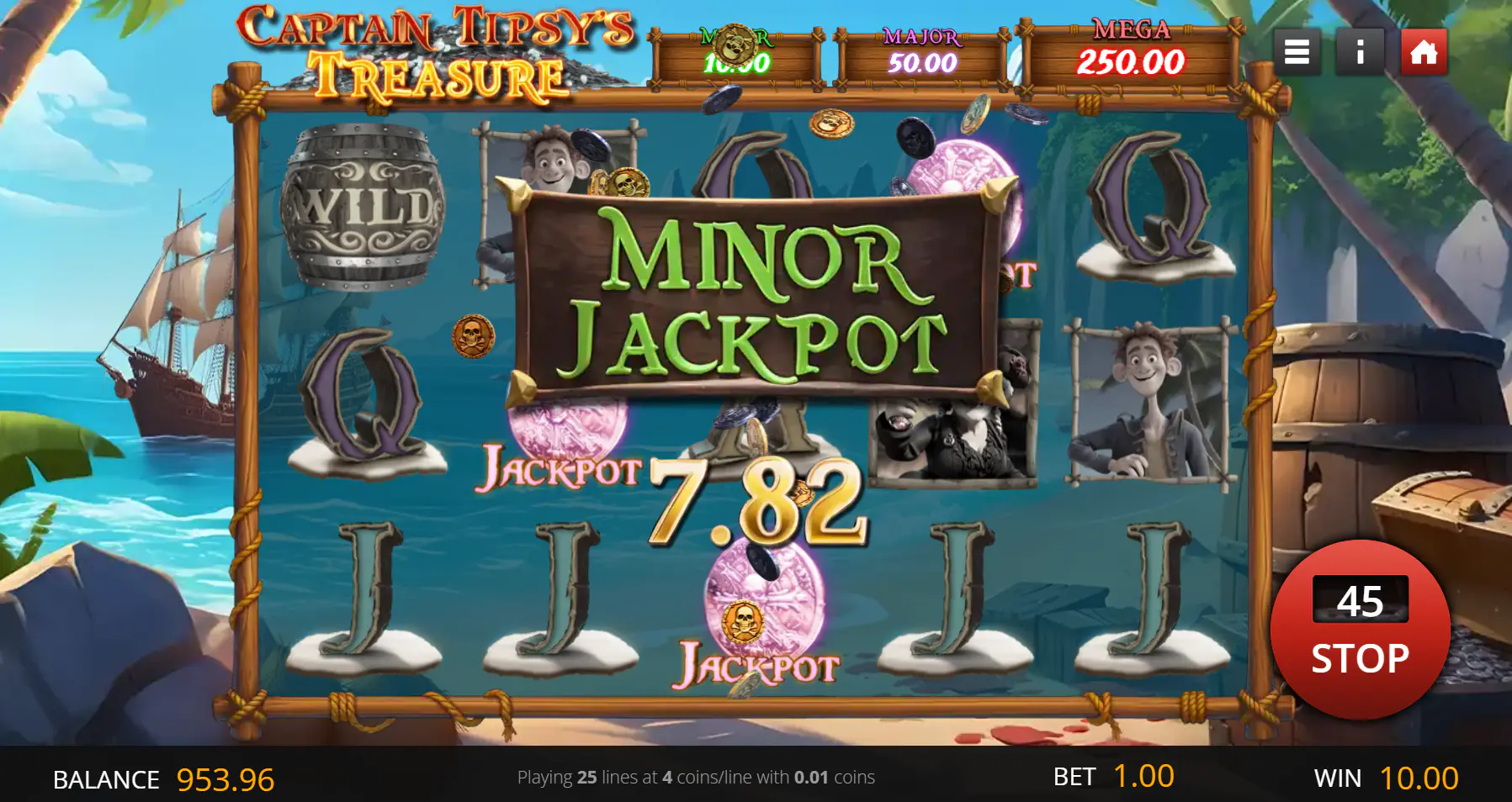 Captain Tipsys Treasure gameplay screen showing a Minor Jackpot win of 10.00