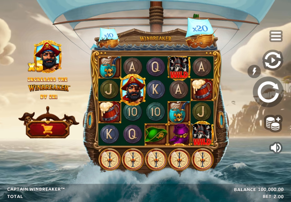 Captain Winbreaker slot base game showing 5x4 grid with pirate symbols and compass meters at the bottom of each reel.