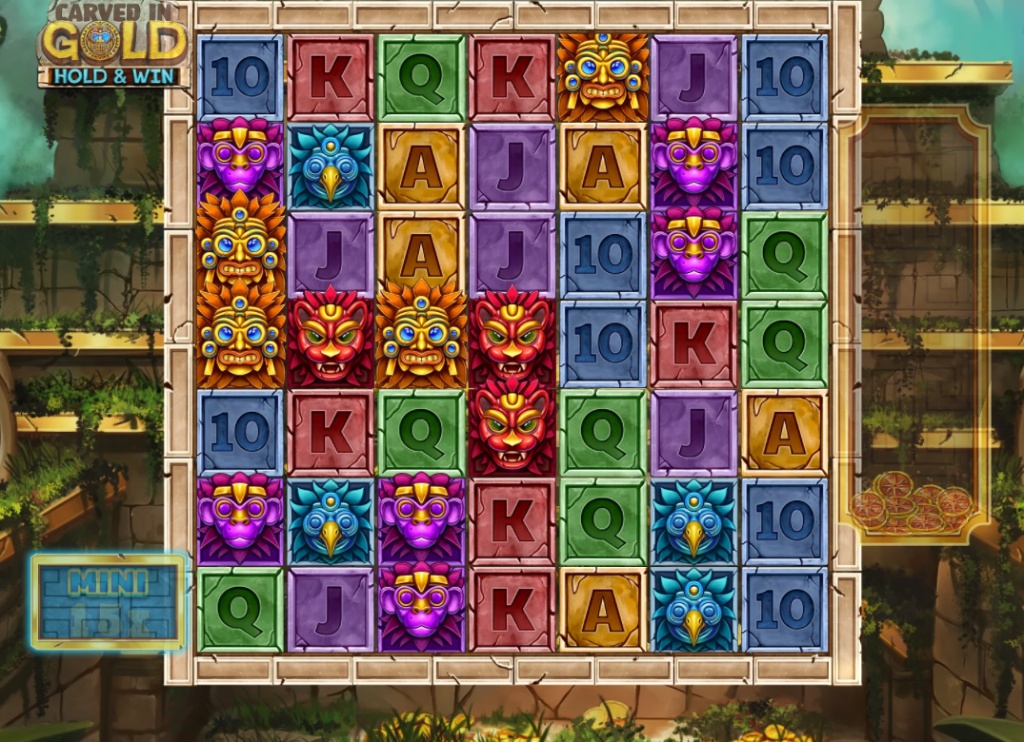 5x6 grid of Carved in Gold slot set in an Aztec jungle with stone symbols falling.