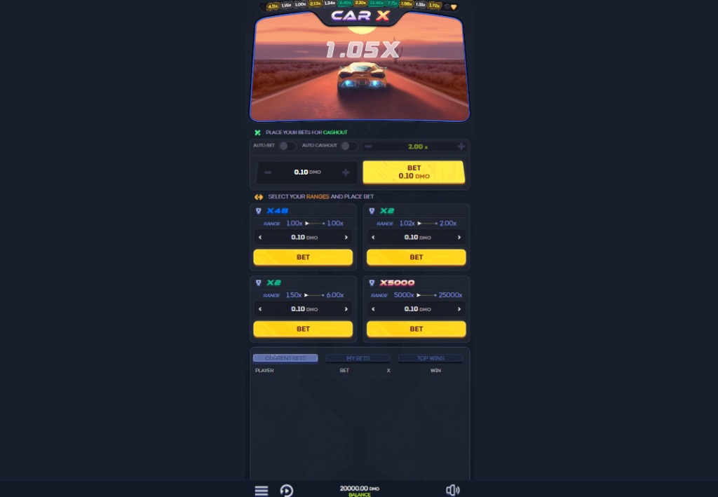 The main game screen of the CarX demo, showing the futuristic car and the 1.05x starting multiplier.