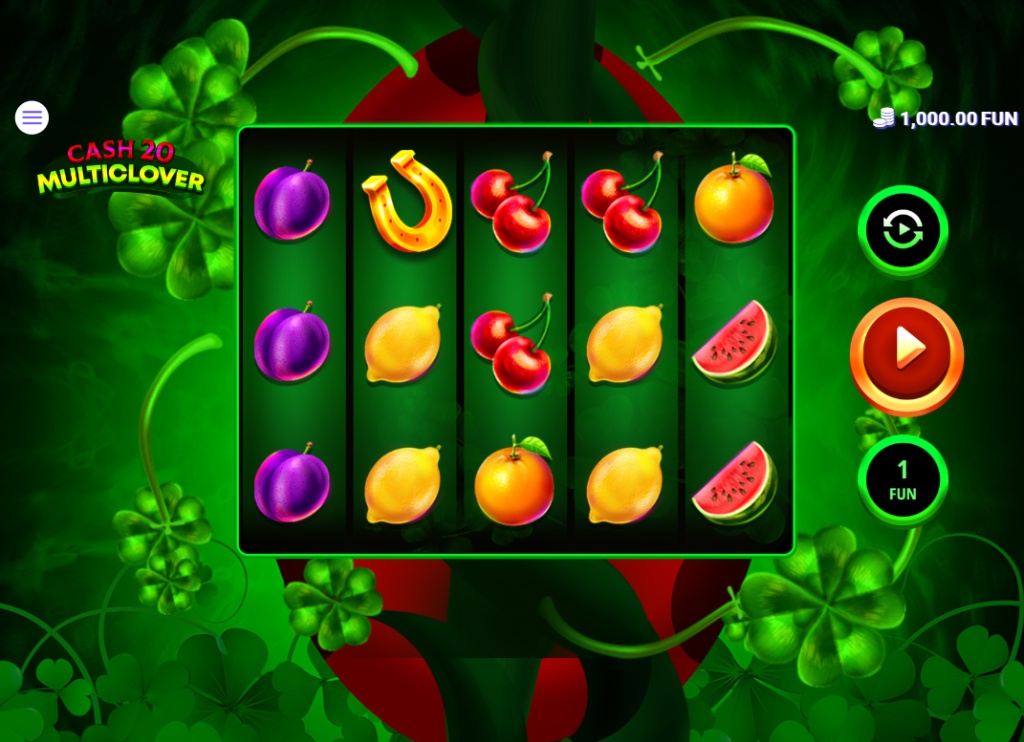 The main 5x3 game grid of the Cash 20 Multiclover slot demo, showing classic fruit and 7 symbols.