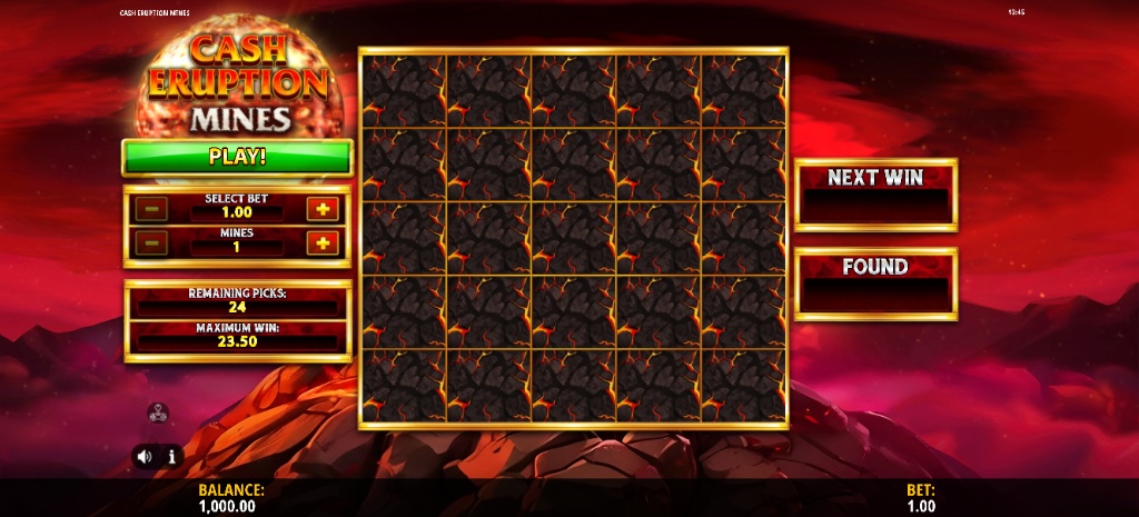 Cash Eruption Mines main 5x5 game grid before starting a round in the free demo.