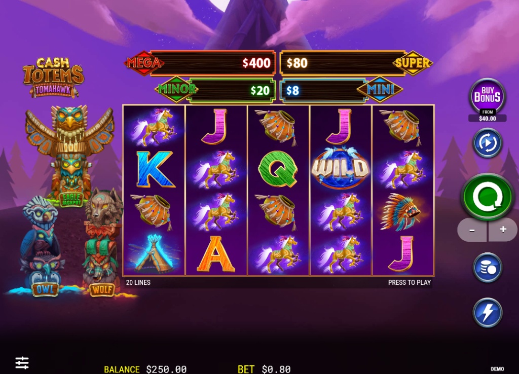 Cash Totems Tomahawk base game interface showing the 5x4 grid and totem pole