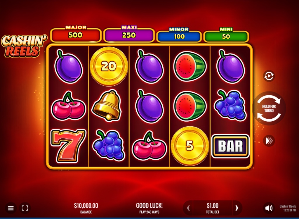 The main 5x3 game grid of the Cashin' Reels slot, showing classic fruit symbols and the 243 ways to win layout.