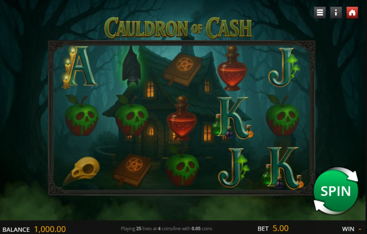 Cauldron of Cash base game view showing the 5x3 grid and spooky forest theme.`