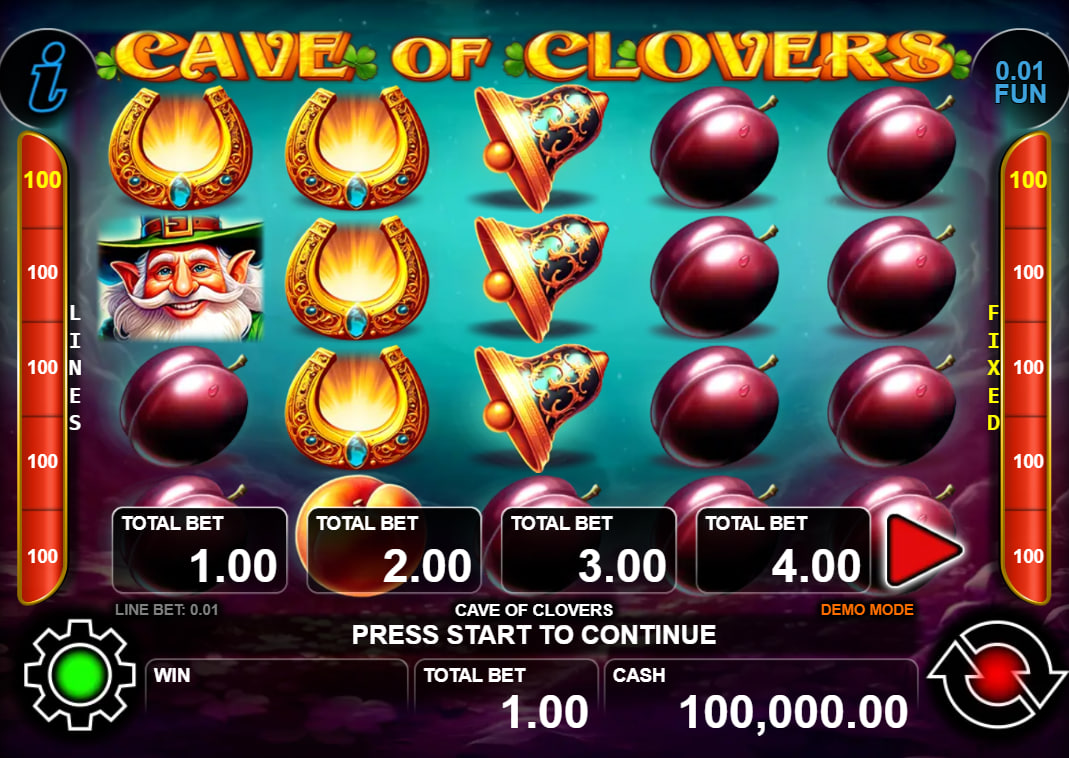 The main 5x4 game grid of the Cave of Clovers slot, showing Irish and fruit symbols.