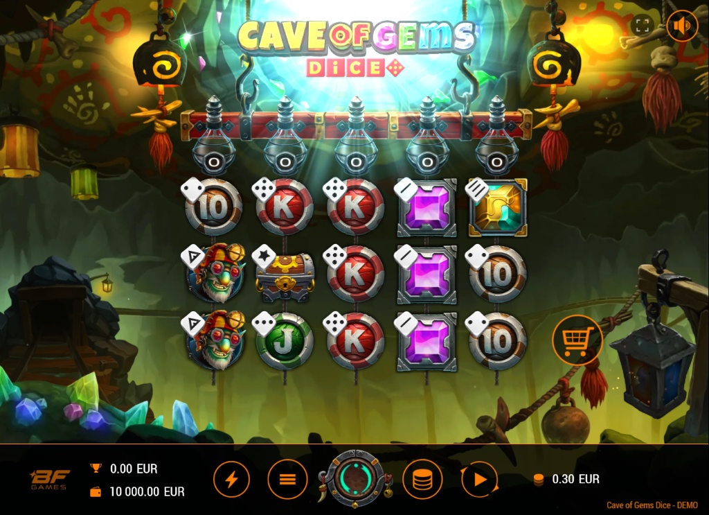 The 5x3 main game grid of the Cave of Gems Dice slot, showing the Nitro Counters above the reels.