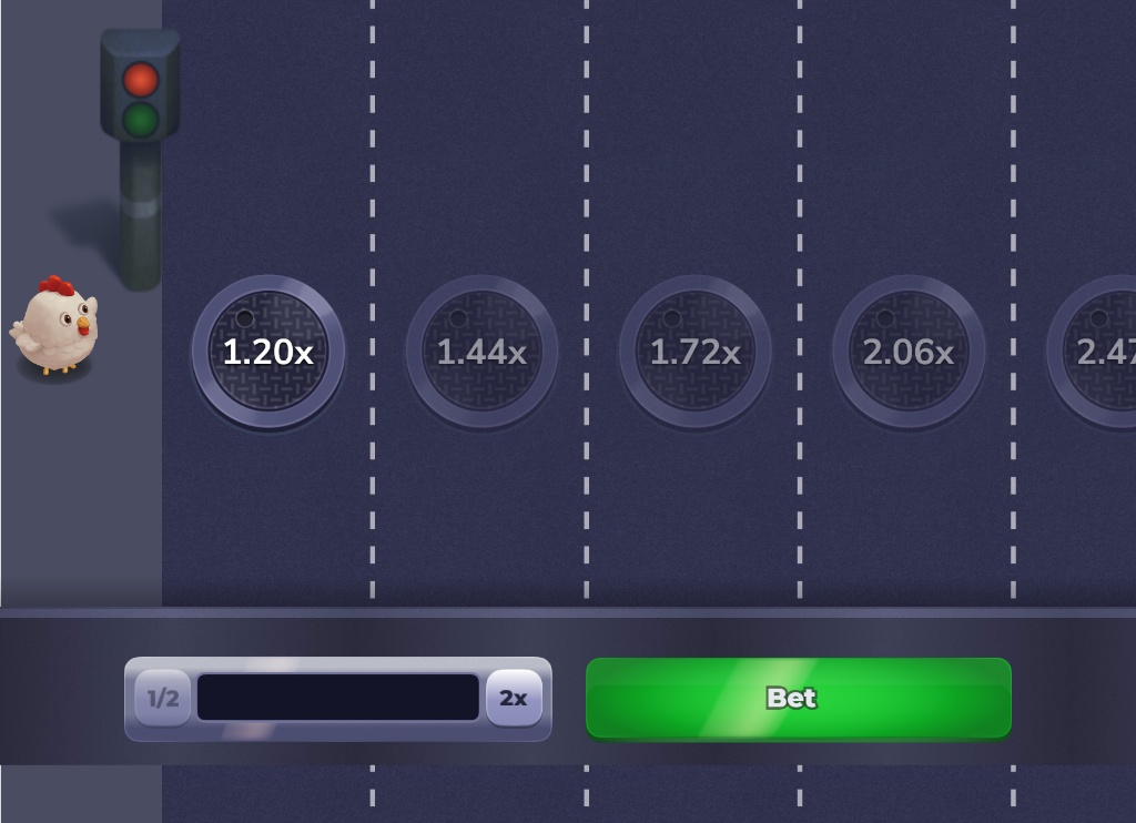Chicken Cross demo game main screen showing the chicken and the first multiplier lane.