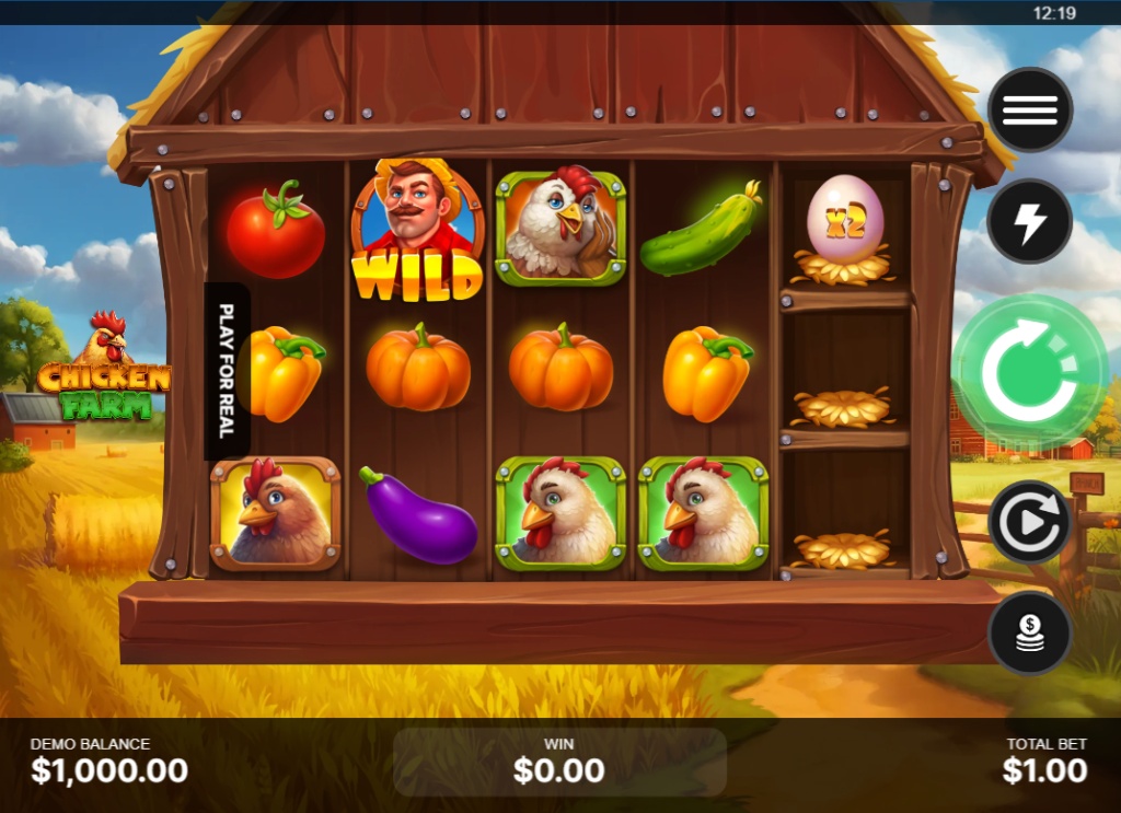 Chicken Farm slot base game interface showing 5x4 grid, vegetable symbols, and the unique 5th multiplier reel on the right.