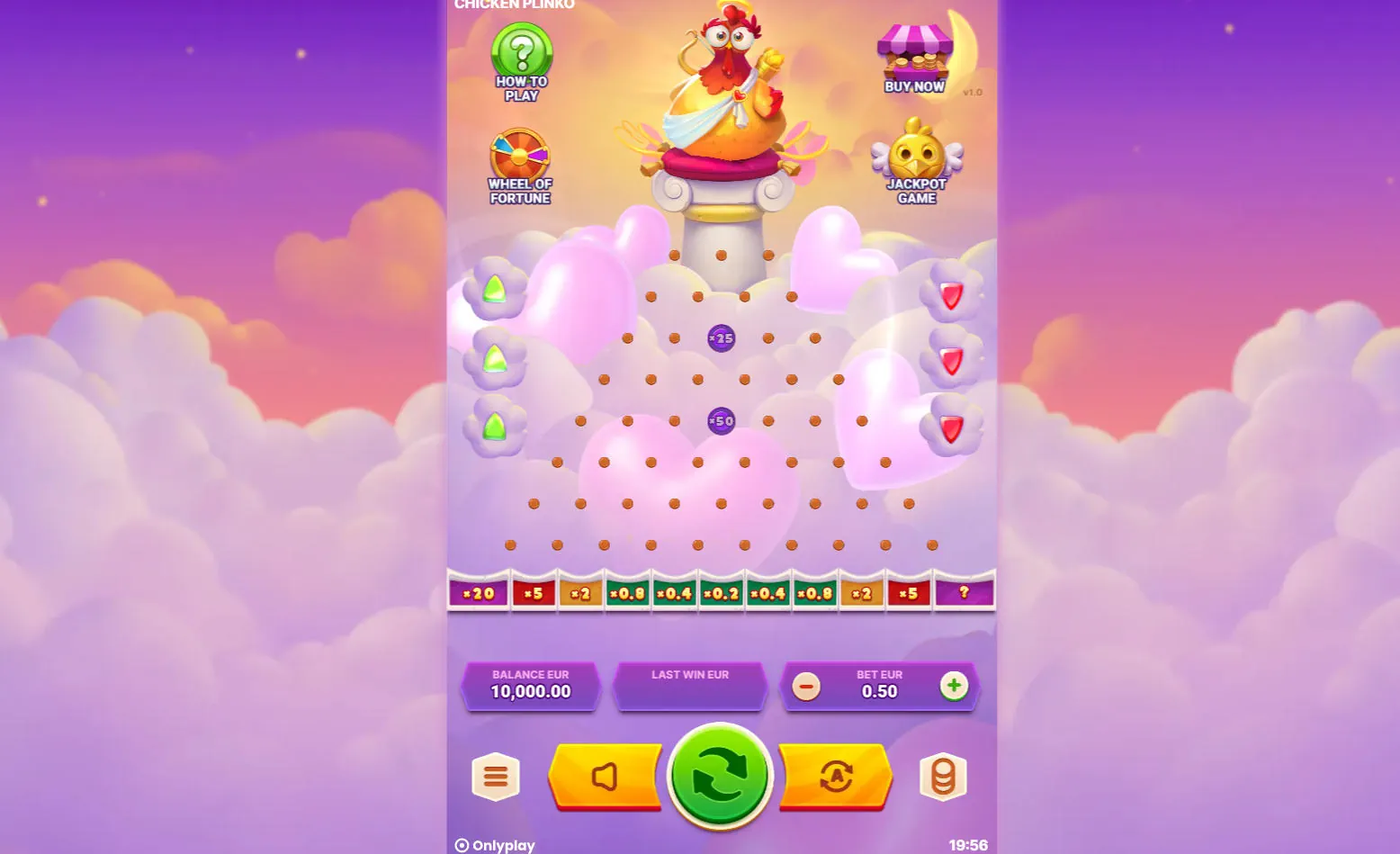 Chicken Plinko 8-row pyramid board showing standard eggs dropping toward the high-risk 0.2x center multiplier pocket.