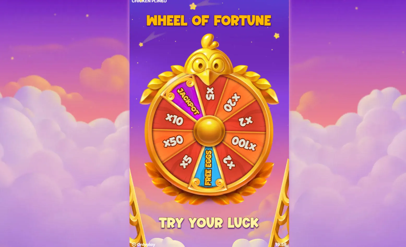 The Wheel of Fortune bonus minigame in Chicken Plinko displaying multipliers up to 100x and special feature entry slices.