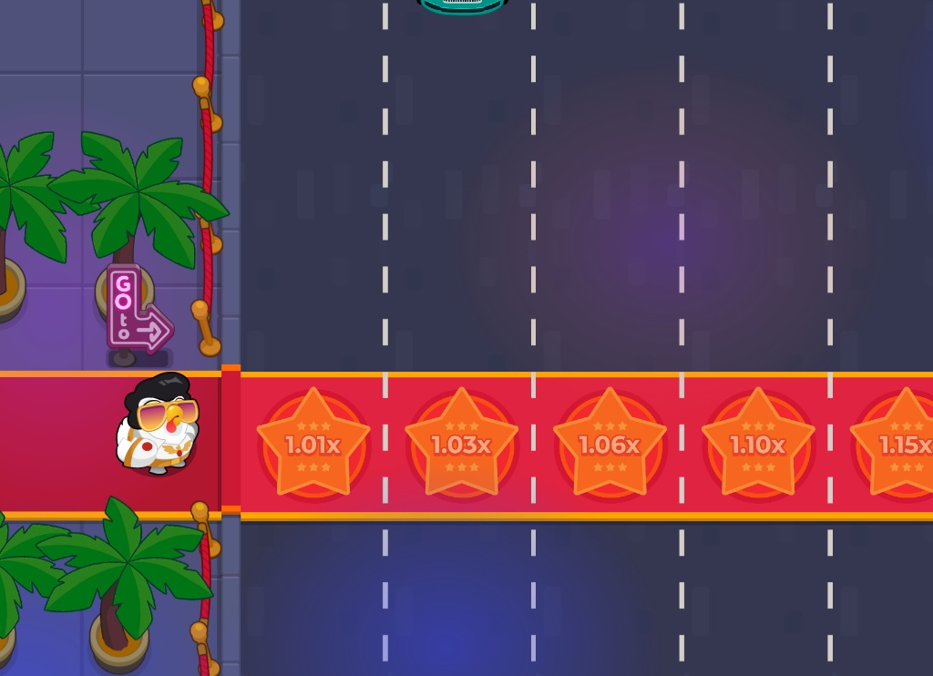 The base game screen of Chicken Road, showing the Elvis chicken on the sidewalk and the multiplier trail.