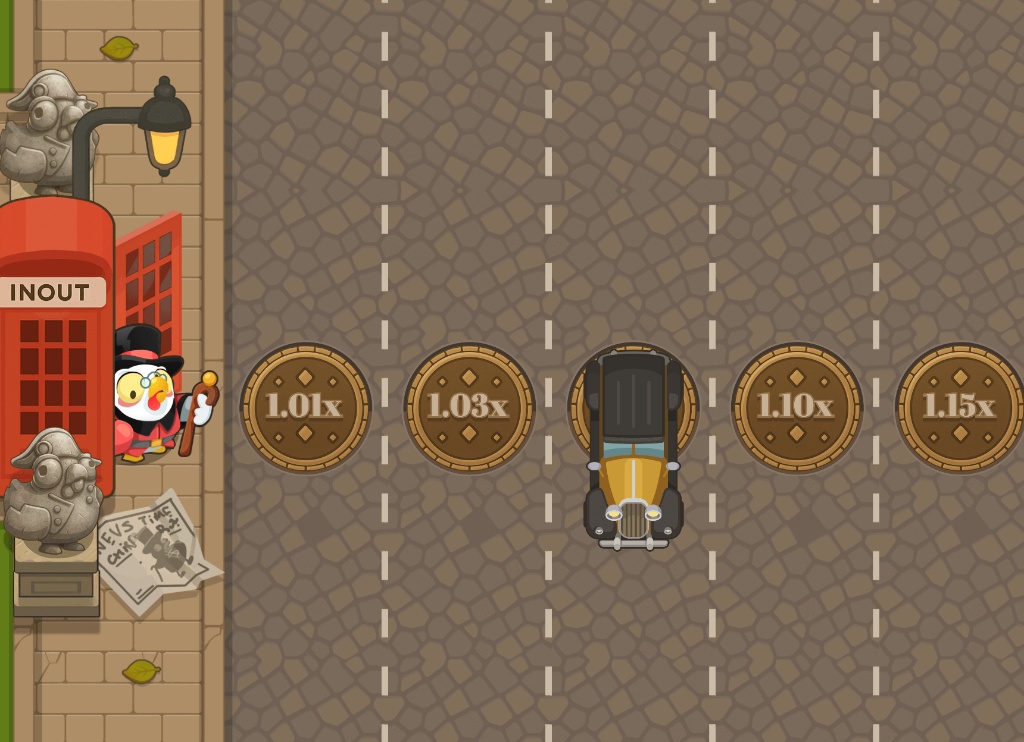 The main game screen of Chicken Road Gold, showing the penguin on the sidewalk and the multiplier-lined road.
