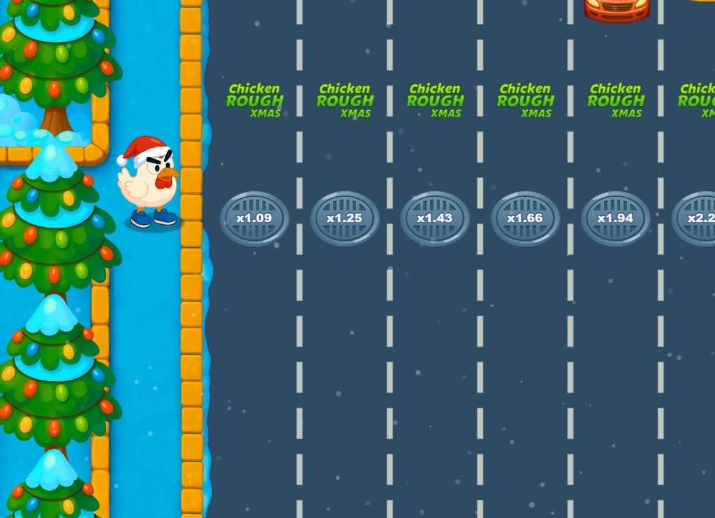 Chicken Rough Xmas slot game main interface showing the angry chicken character and traffic lanes with multipliers.