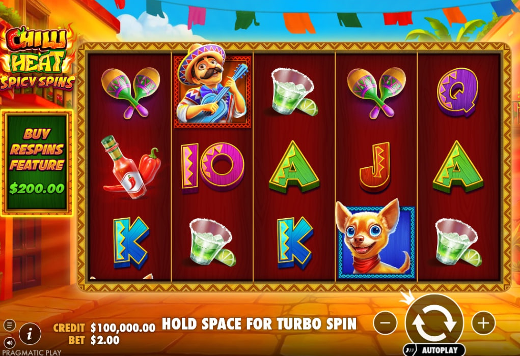 Chilli Heat Spicy Spins slot base game showing Mariachi, Chihuahua, and Hot Sauce symbols on a 5x3 grid with Mexican street background.