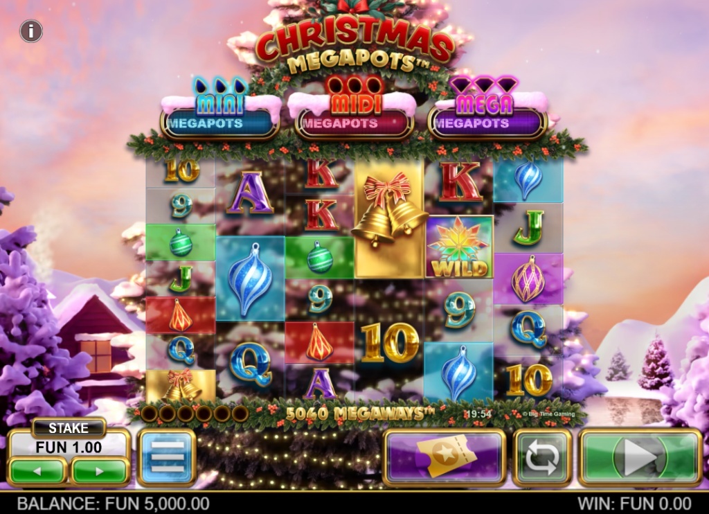 Christmas Megapots slot base game interface showing 6 reels, festive symbols, and the Megapots display above the grid.