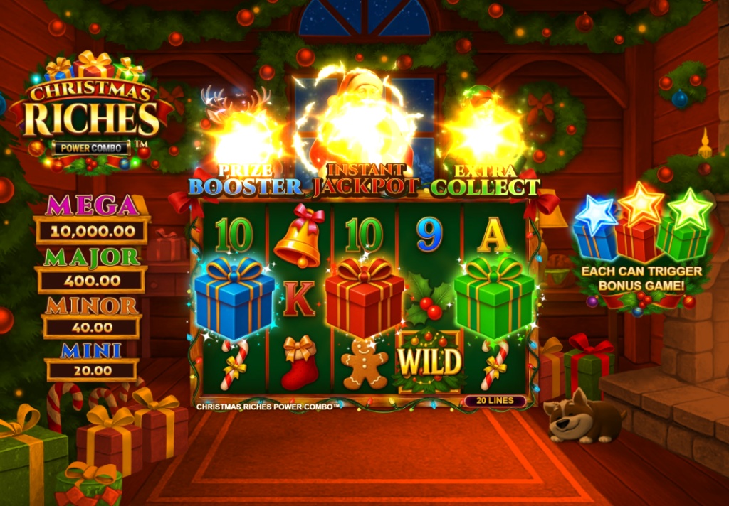 The main 5x4 slot grid of Christmas Riches Power Combo, showing the festive theme, jackpot values, and Power Combo meters.